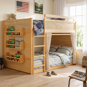 Full Size Bunk Bed with 3-Tier Storage Shelf, Rattan Decor, Privacy Curtains & Lights, Modern Wood Bunk Bed Frame-Natural