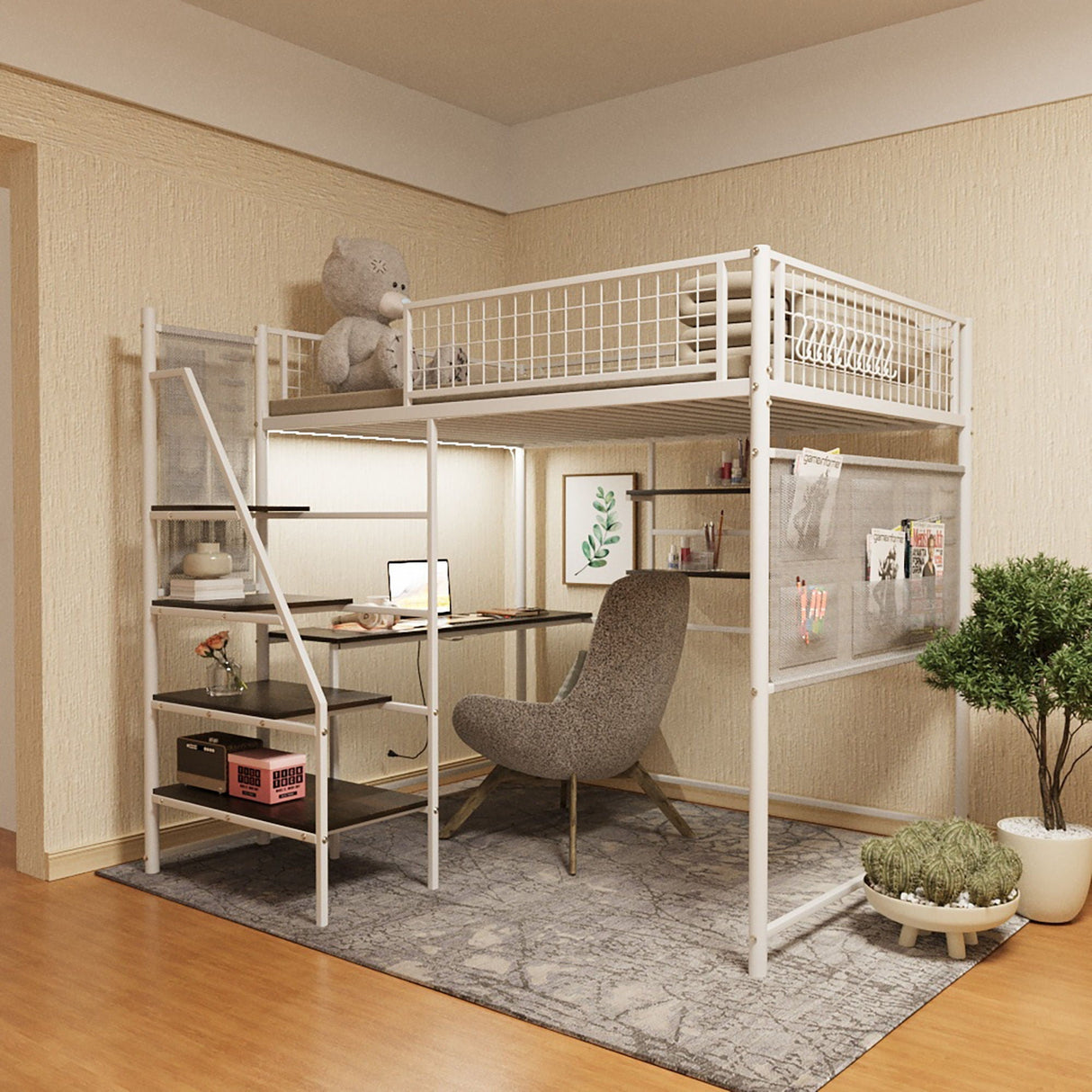 Metal Loft Bed With Built - In Charging Station And LED Light