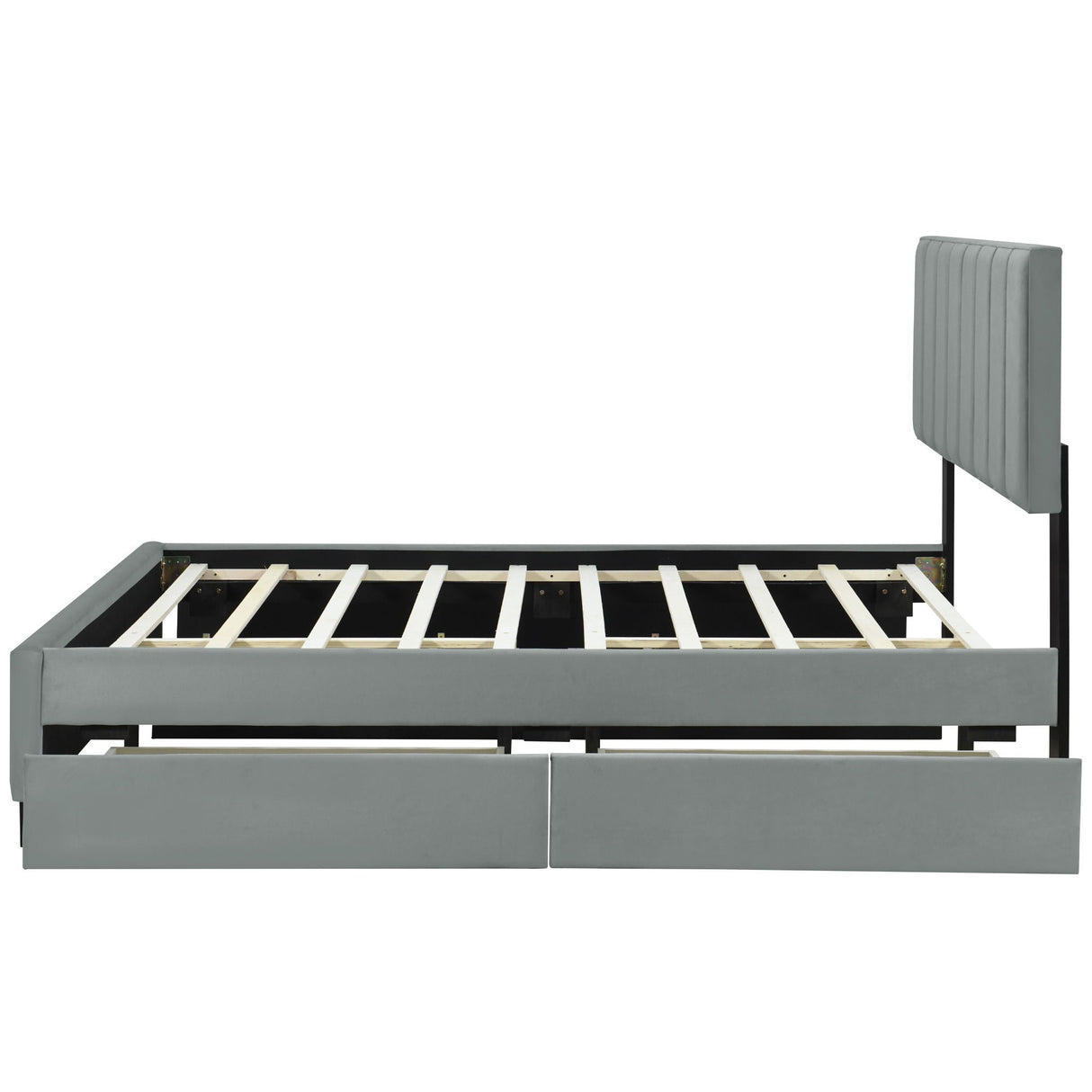 Upholstered Platform Bed With 2 Drawers And 1 Trundle, Classic Strip Headboard Design by Couch.com