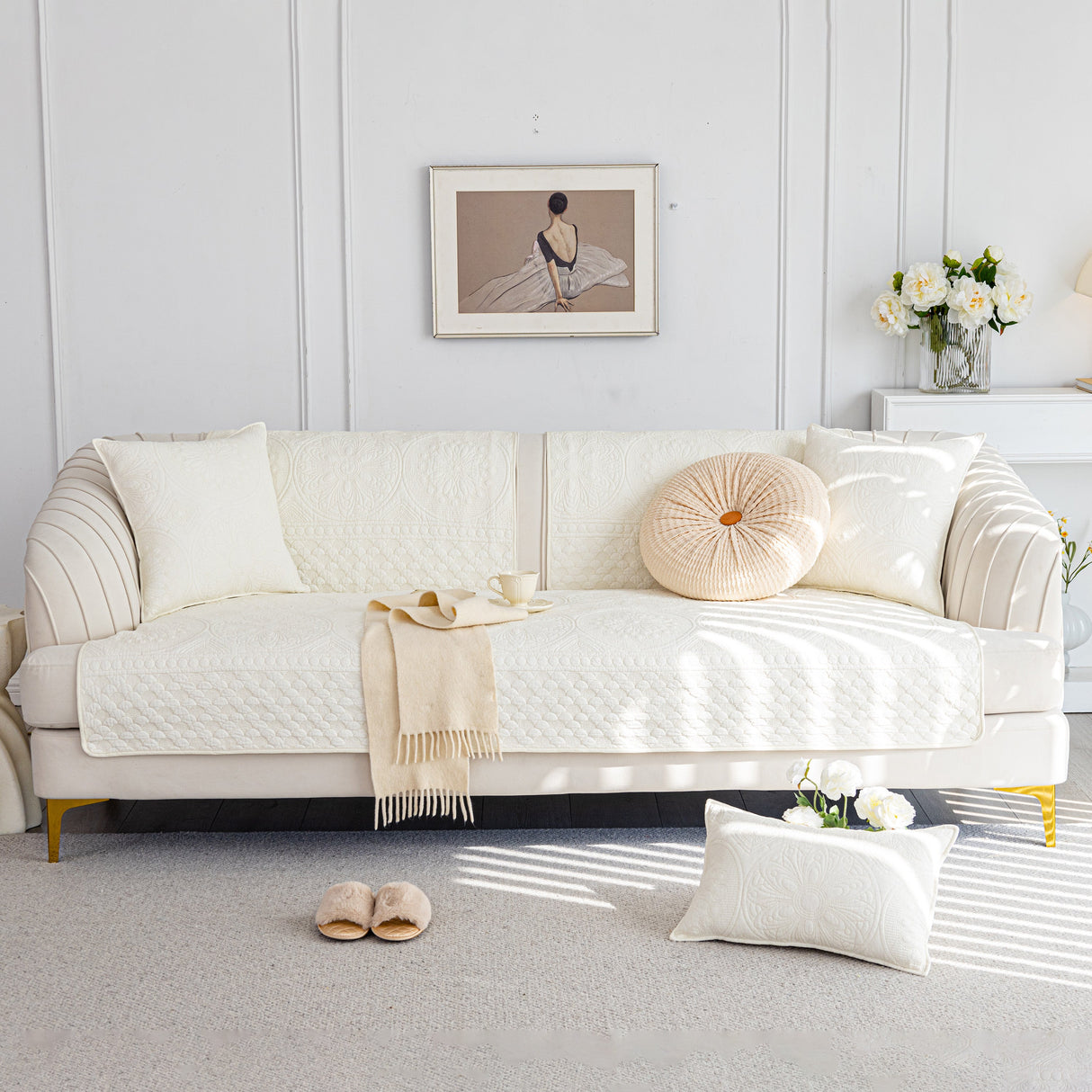 Cotton Quilted Sofa Cover, Non-Slip Couch Protector Fits Backrest, Seat & Armrest