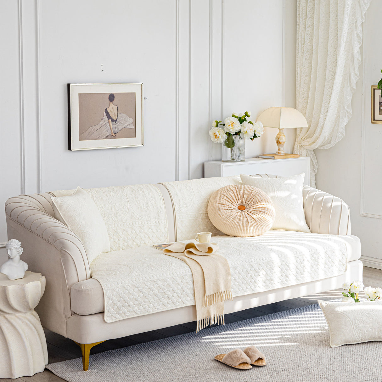 Cotton Quilted Sofa Cover, Non-Slip Couch Protector Fits Backrest, Seat & Armrest