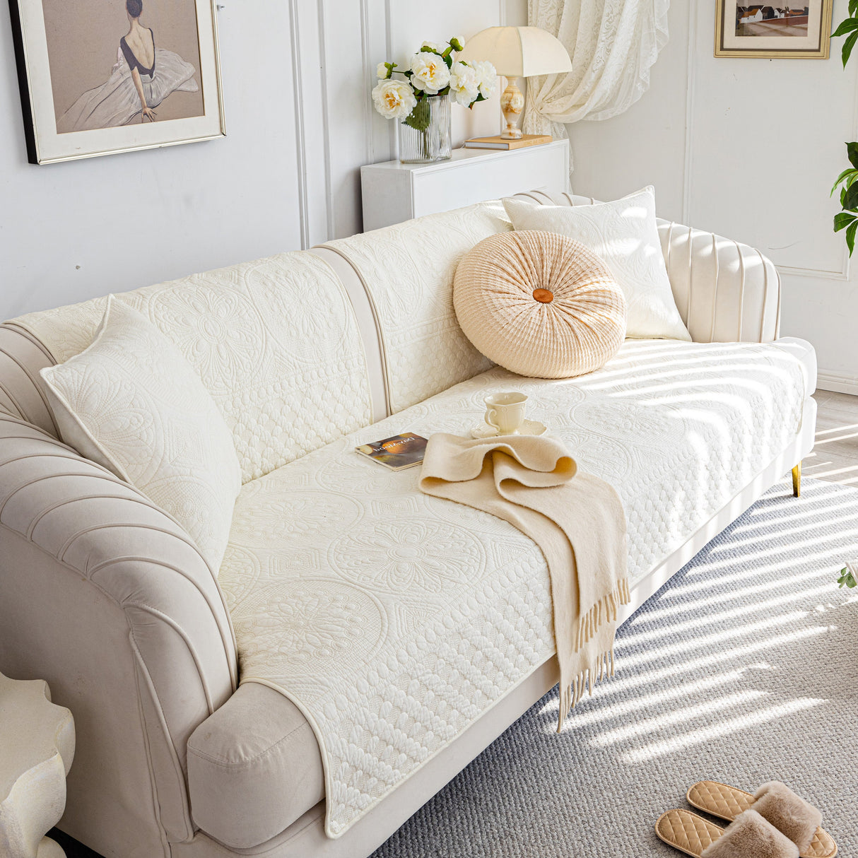 Cotton Quilted Sofa Cover, Non-Slip Couch Protector Fits Backrest, Seat & Armrest