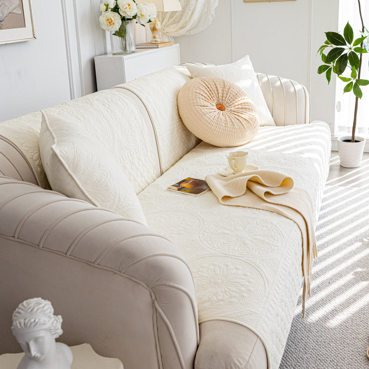 Cotton Quilted Sofa Cover, Non-Slip Couch Protector Fits Backrest, Seat & Armrest