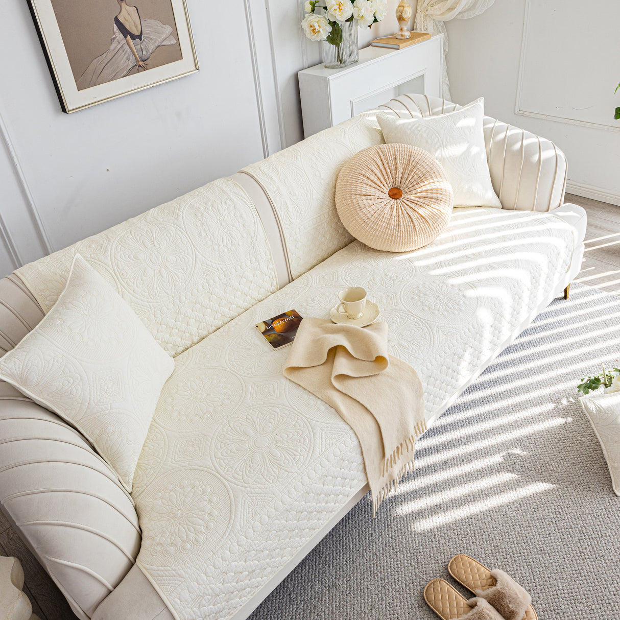 Cotton Quilted Sofa Cover, Non-Slip Couch Protector Fits Backrest, Seat & Armrest