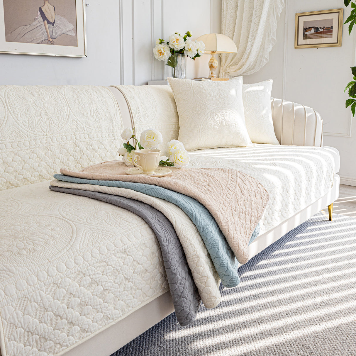 Cotton Quilted Sofa Cover, Non-Slip Couch Protector Fits Backrest, Seat & Armrest