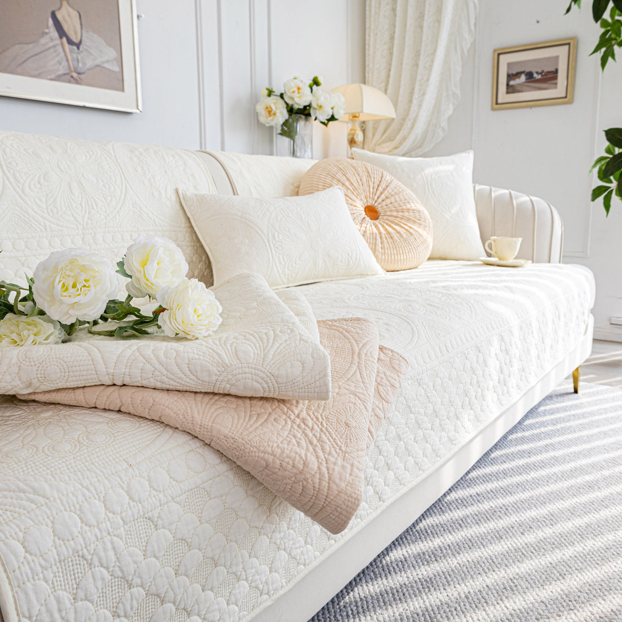 Cotton Quilted Sofa Cover, Non-Slip Couch Protector Fits Backrest, Seat & Armrest