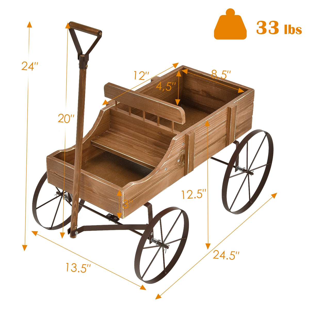 Wooden Wagon Plant Bed With Wheel for Garden Yard-Red