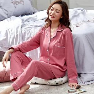 100% Cotton New Trendy  Pajamas For Women Full Sleeves Pajamas Button Down Winter Sleepwear Set Women White Cotton Pajamas Women's Loose Size V-neck Home Suit Long Sleeve Wide Leg Pants Pajamas Casual Home wear