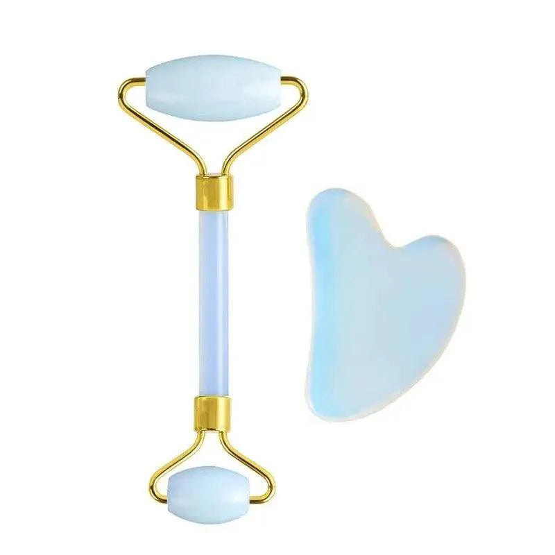 100% Natural Opal Clear Blue Roller Guasha Set - Massage Beauty Tools for Skin Firming Natural Glow and Stress Relief