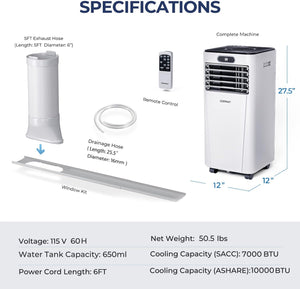 10000 BTU 4-in-1 Portable Air Conditioner with Dehumidifier and Fan Mode-White