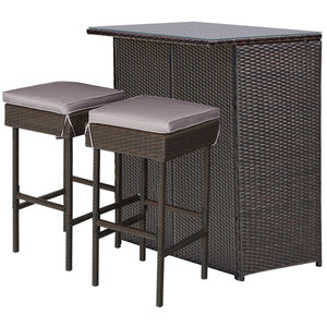 3 Pieces Patio Rattan Wicker Bar Table Stools Dining Set-Gray & Off White by DirectDeals