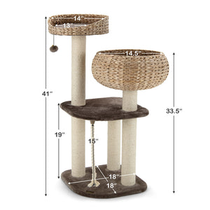 41 Inch Rattan Cat Tree with Napping Perch-Brown