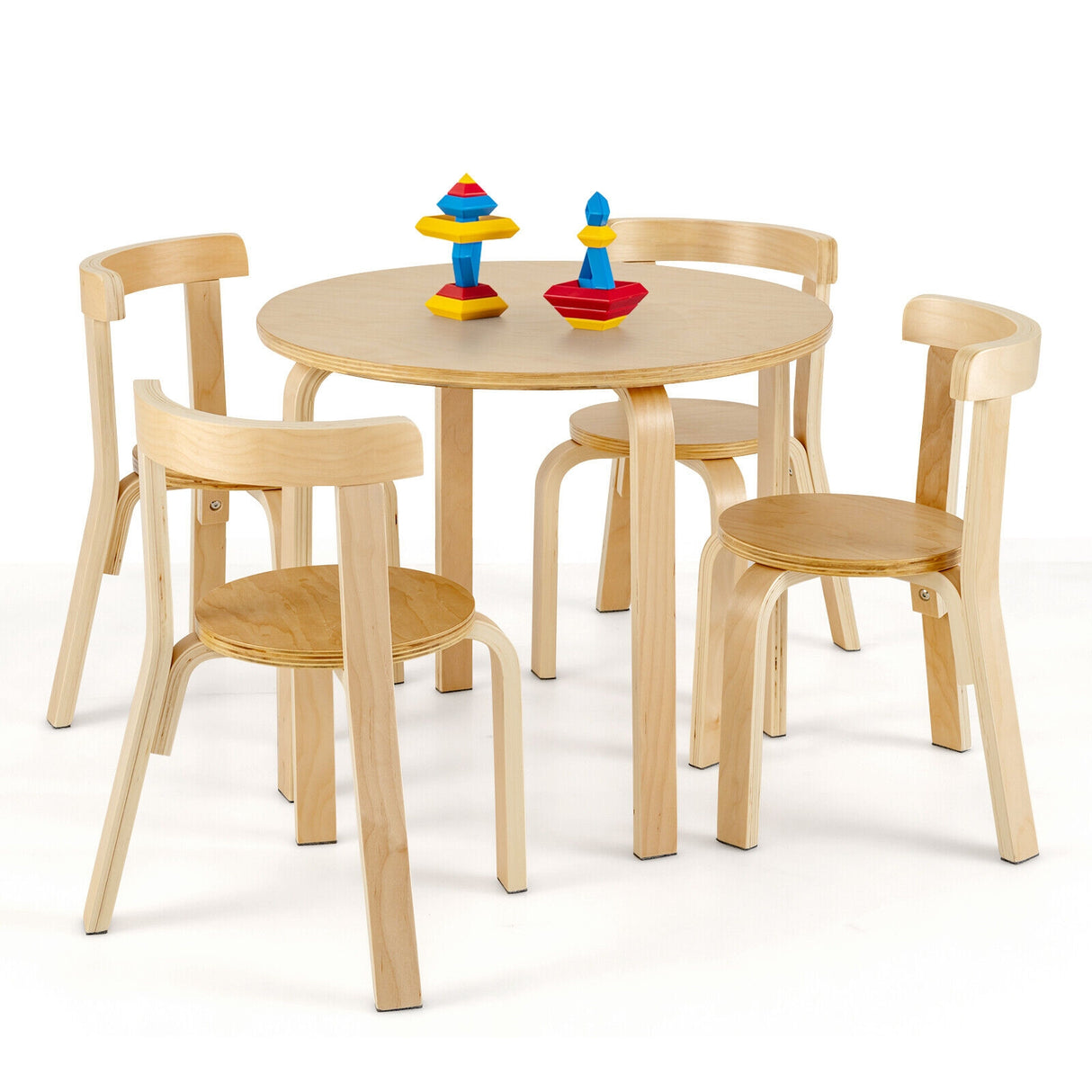 5-Piece Kids Wooden Curved Back Activity Table and Chair Set with Toy Bricks-Gray