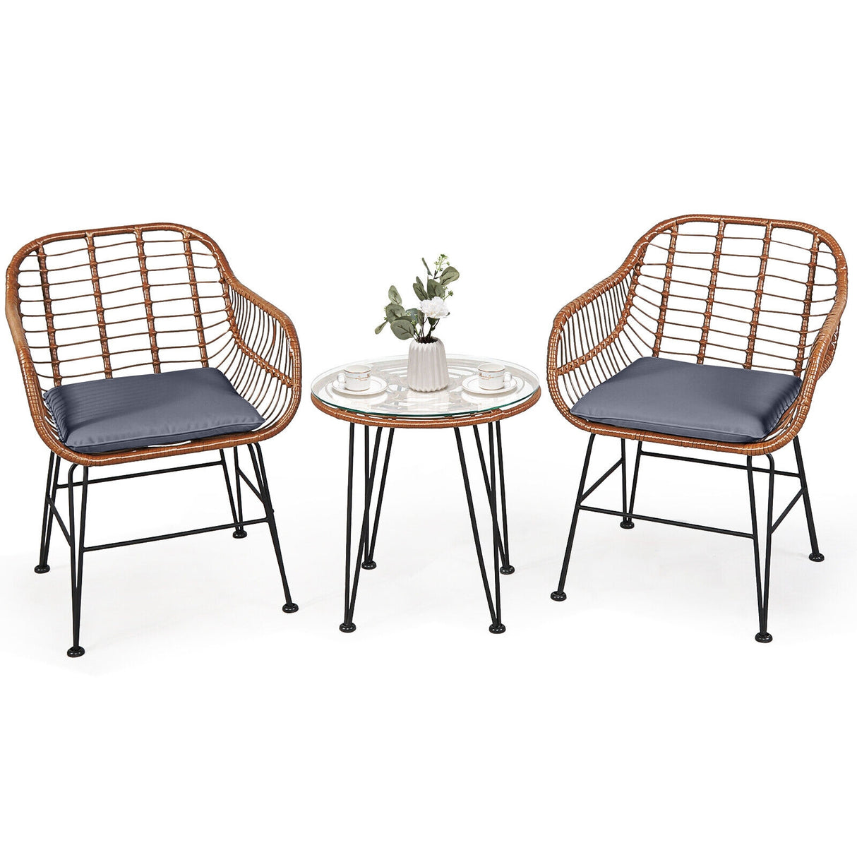 3 Pieces Patio Rattan Bistro Set with Cushion-Navy