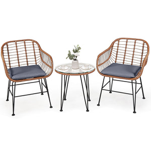 3 Pieces Patio Rattan Bistro Set with Cushion-Navy