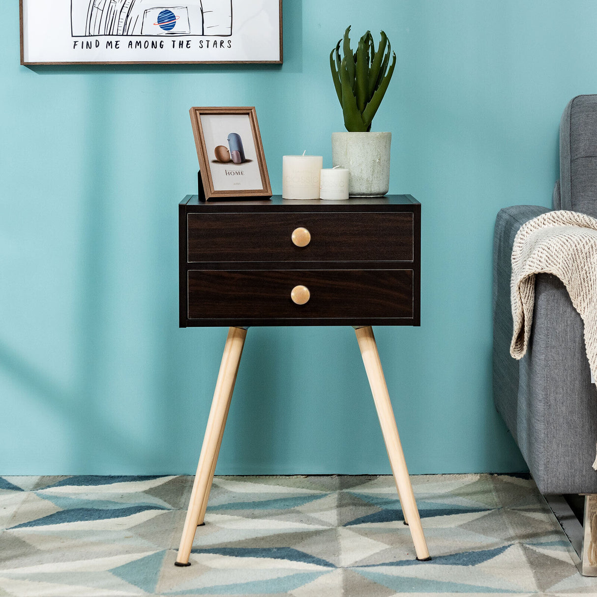 Mid Century Modern 2 Drawers Nightstand in Natural-White
