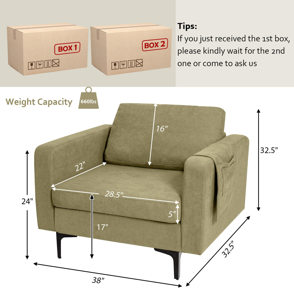 Modern Accent Armchair with Side Storage Pocket-Orange