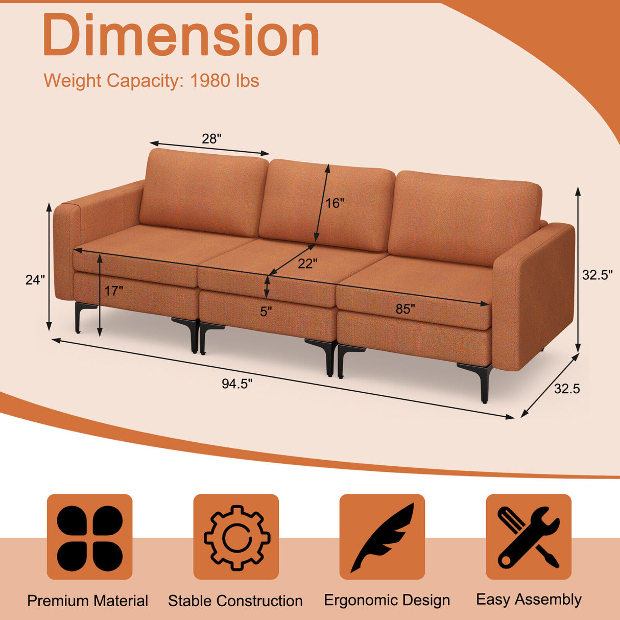 1/2/3/4-Seat Convertible Sectional Sofa with Reversible Ottoman-3-Seat