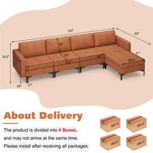 Modular L-shaped Sectional Sofa with Reversible Ottoman and 2 USB Ports-Orange