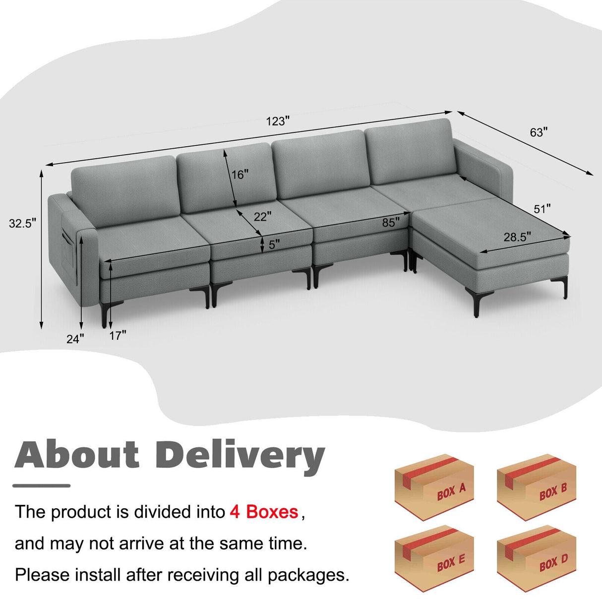 1/2/3/4-Seat Convertible Sectional Sofa with Reversible Ottoman-4-Seat L-shaped with 2 USB Ports by DirectDeals