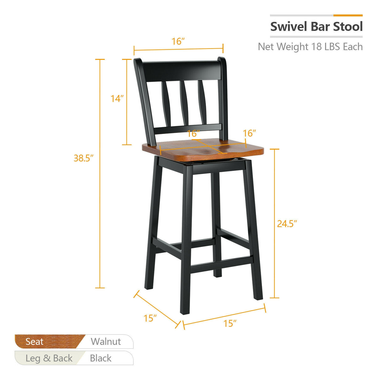 24.5 Inches Set of 2 Swivel Bar Stools with 360 ° Swiveling-Black