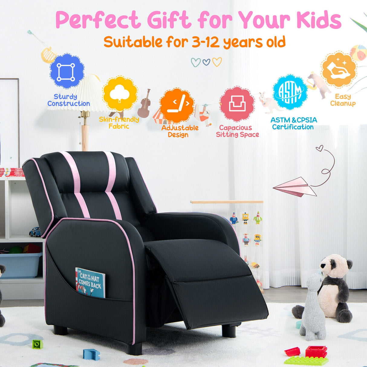 Kids Recliner Chair with Side Pockets and Footrest-Blue