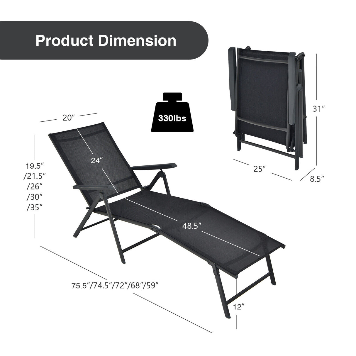 2 Pieces Foldable Chaise Lounge Chair with 2-Position Footrest-Brown