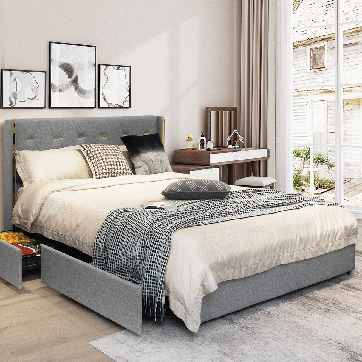 Full/Queen Size Upholstered Bed Frame with 4 Drawers-Silver-Full Size