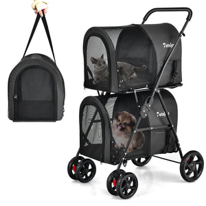 4-in-1 Double Pet Stroller with Detachable Carrier and Travel Carriage-Beige