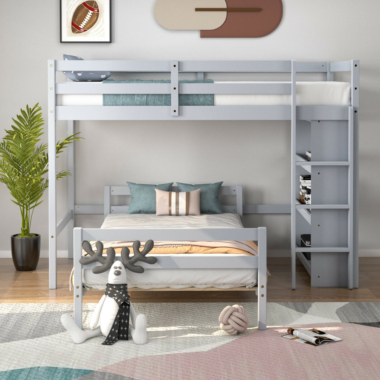 Twin Over Twin Loft Bunk Bed with Bookcase-Dark Brown