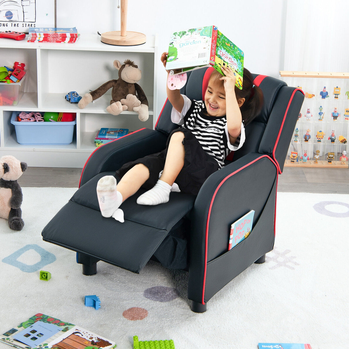 Kids Recliner Chair with Side Pockets and Footrest-Blue