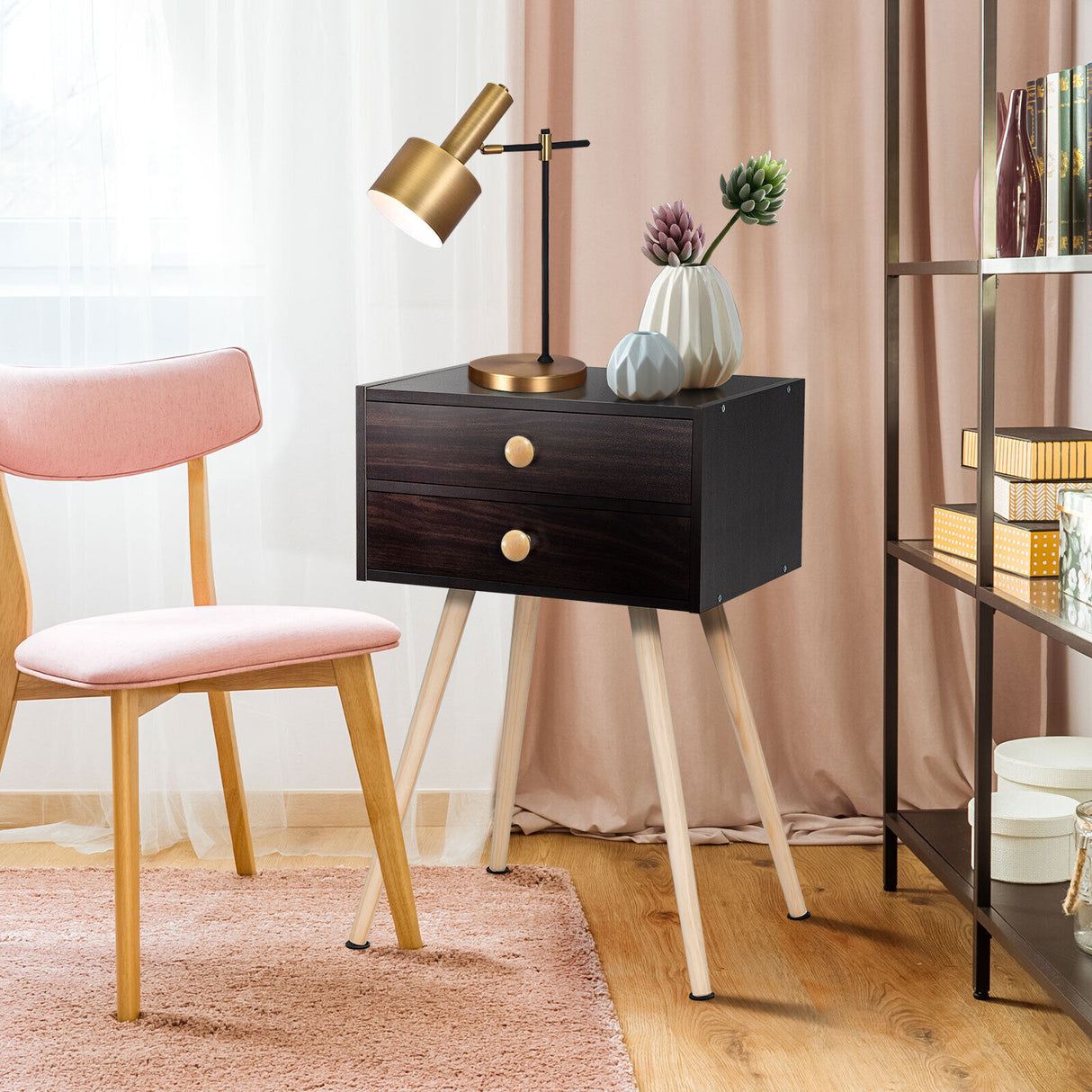 Mid Century Modern 2 Drawers Nightstand in Natural-White