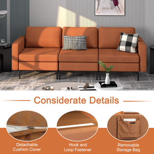 3-Seat Sectional Sofa Couch with Armrest Magazine Pocket and Metal Leg-Orange