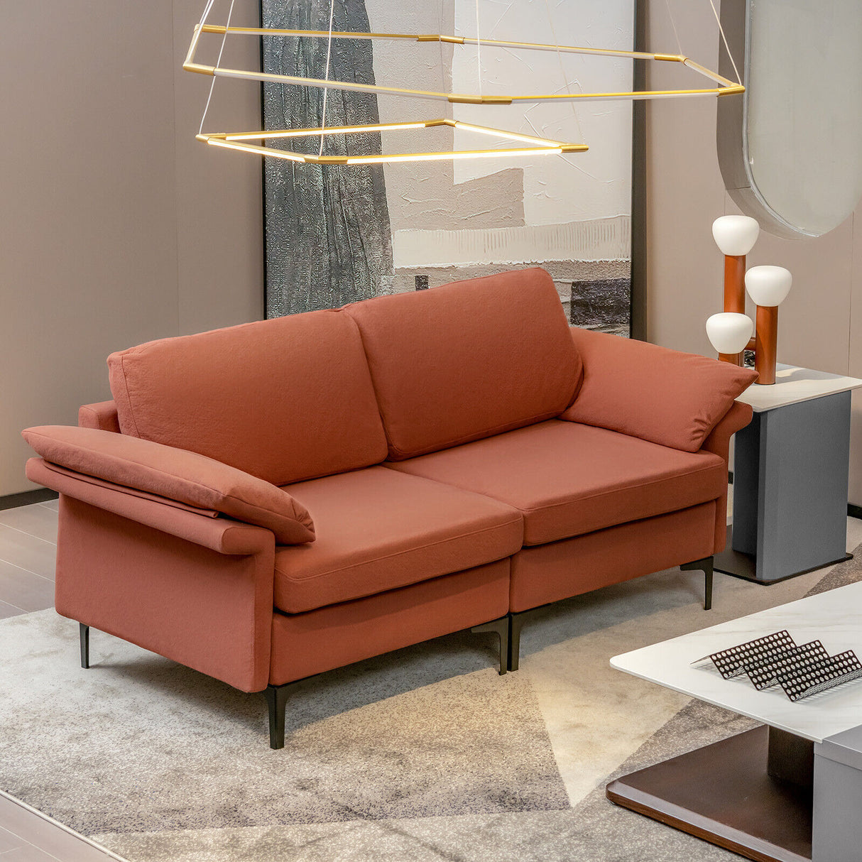 Modern Fabric Loveseat Sofa for with Metal Legs and Armrest Pillows-Gray