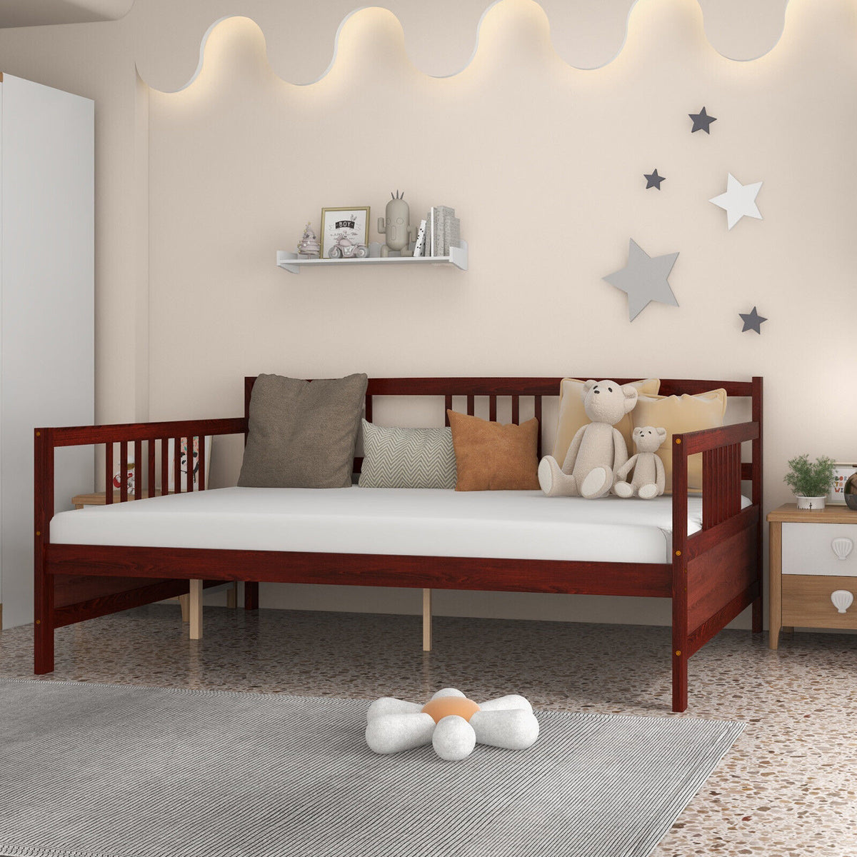 Classic Wooden Full Size Daybed Frame with Guardrails-Brown