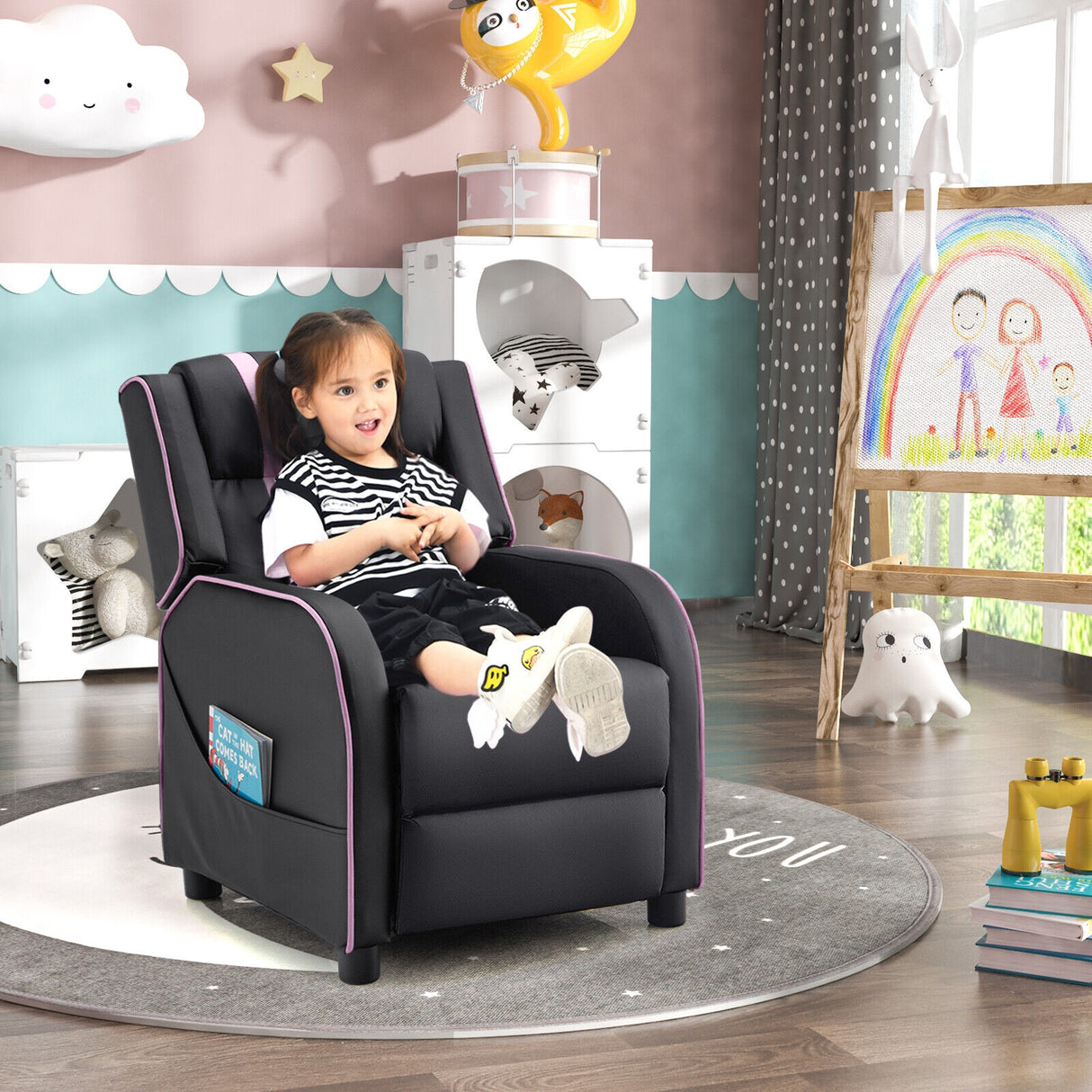 Kids Recliner Chair with Side Pockets and Footrest-Blue