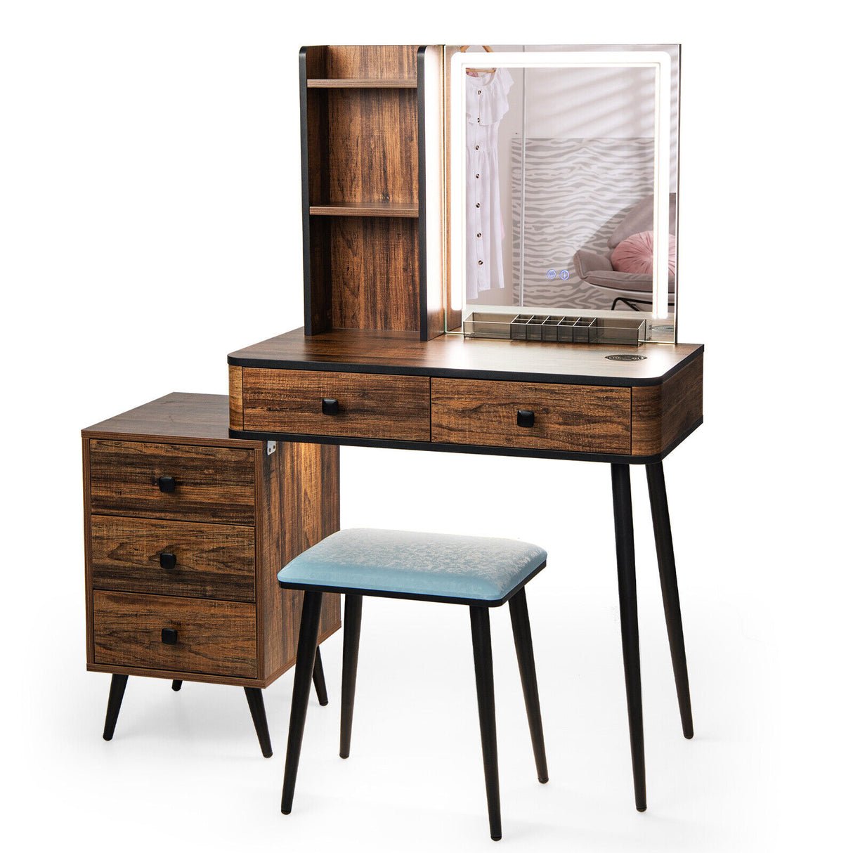 Vanity Makeup Table Set with Lighted Mirror-Brown