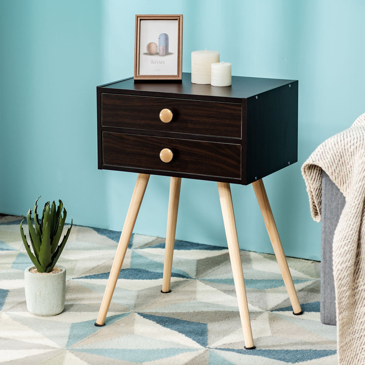 Mid Century Modern 2 Drawers Nightstand in Natural-White