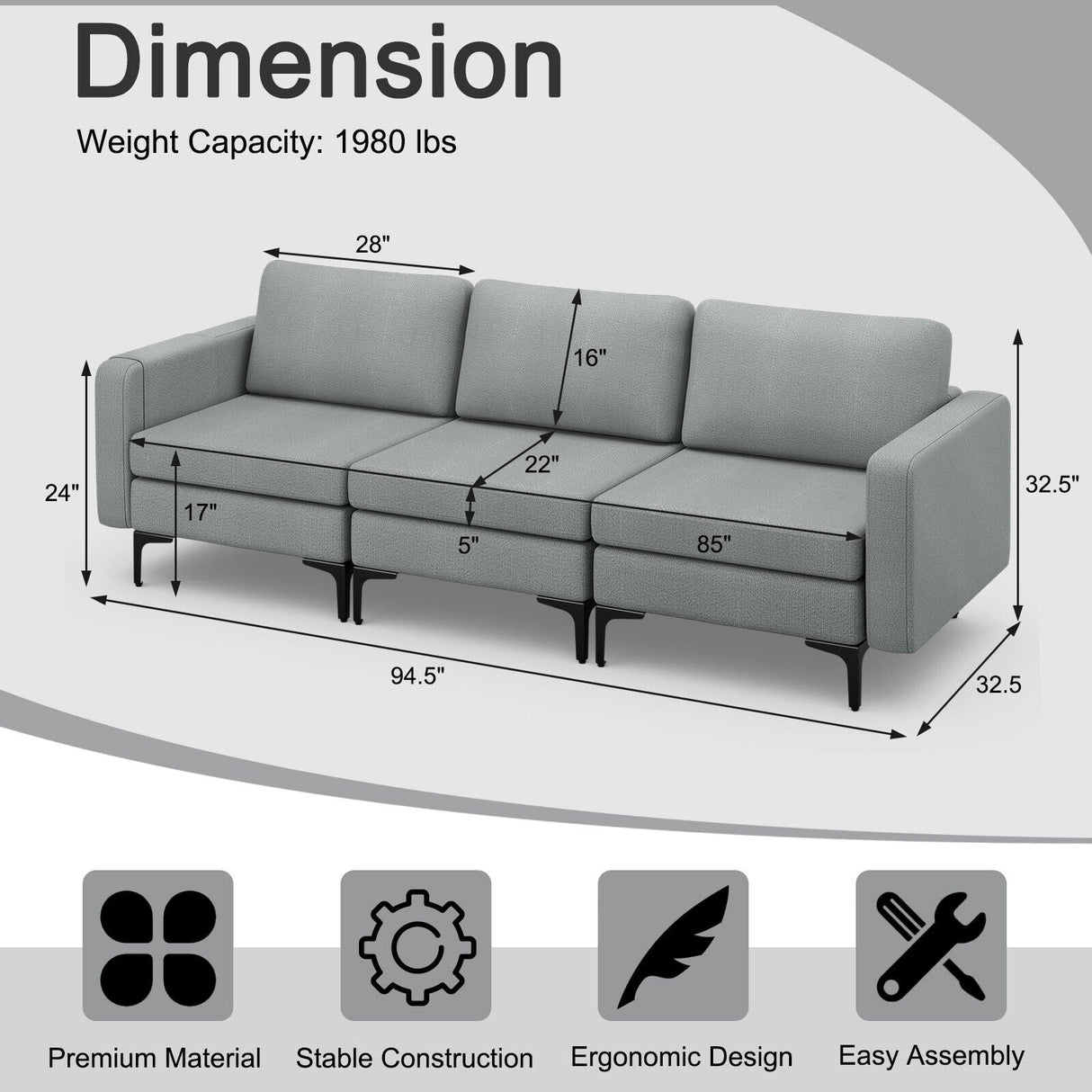 1/2/3/4-Seat Convertible Sectional Sofa with Reversible Ottoman-3-Seat by DirectDeals