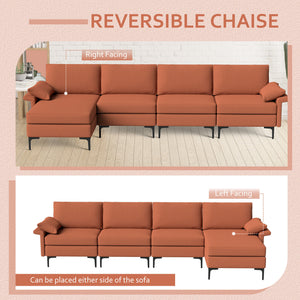 Extra Large L-shaped Sectional Sofa with Reversible Chaise and 2 USB Ports for 4-5 People-Rust Red