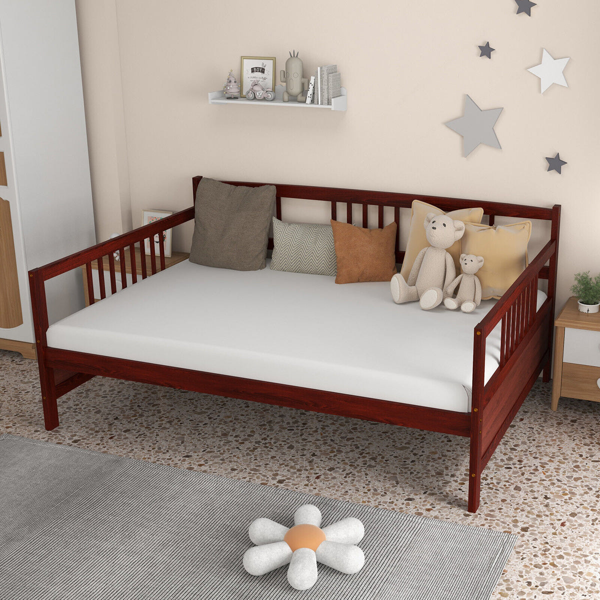 Classic Wooden Full Size Daybed Frame with Guardrails-Brown