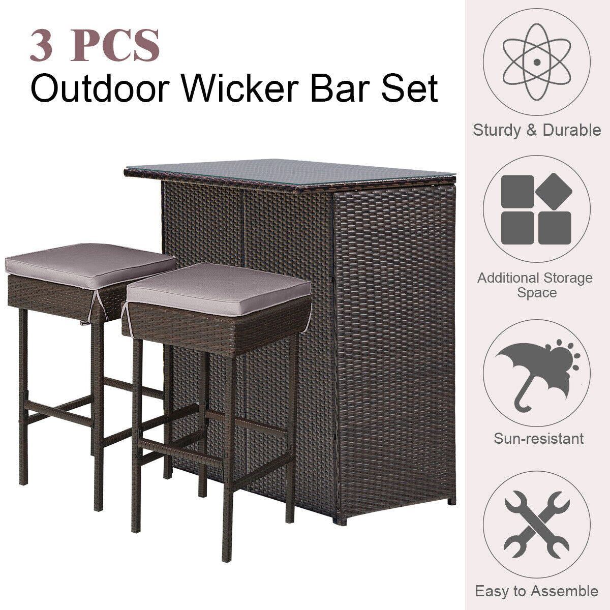 3 Pieces Patio Rattan Wicker Bar Table Stools Dining Set-Gray & Off White by DirectDeals