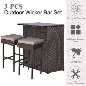 3 Pieces Patio Rattan Wicker Bar Table Stools Dining Set-Gray & Off White by DirectDeals