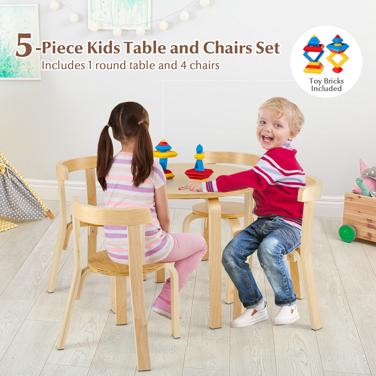 5-Piece Kids Wooden Curved Back Activity Table and Chair Set with Toy Bricks-Gray