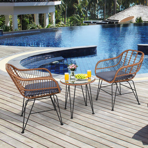 3 Pieces Patio Rattan Bistro Set with Cushion-Navy