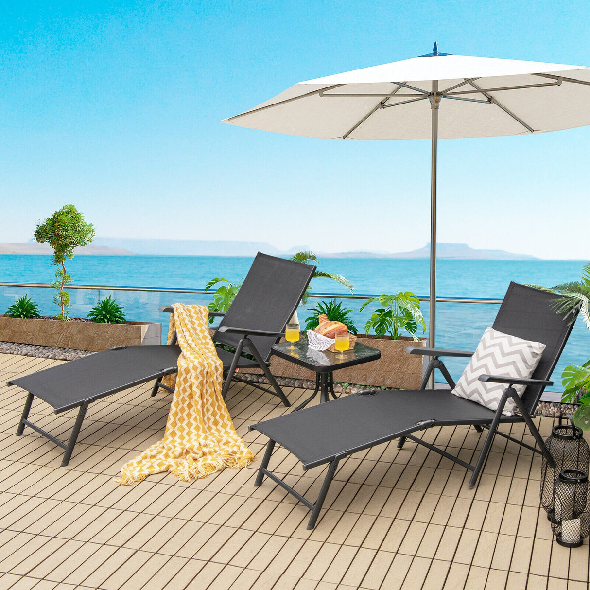 2 Pieces Foldable Chaise Lounge Chair with 2-Position Footrest-Brown