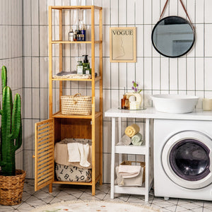 4 Tiers Slim Bamboo Floor Storage Cabinet with Shutter Door and Anti-Toppling Device-Natural