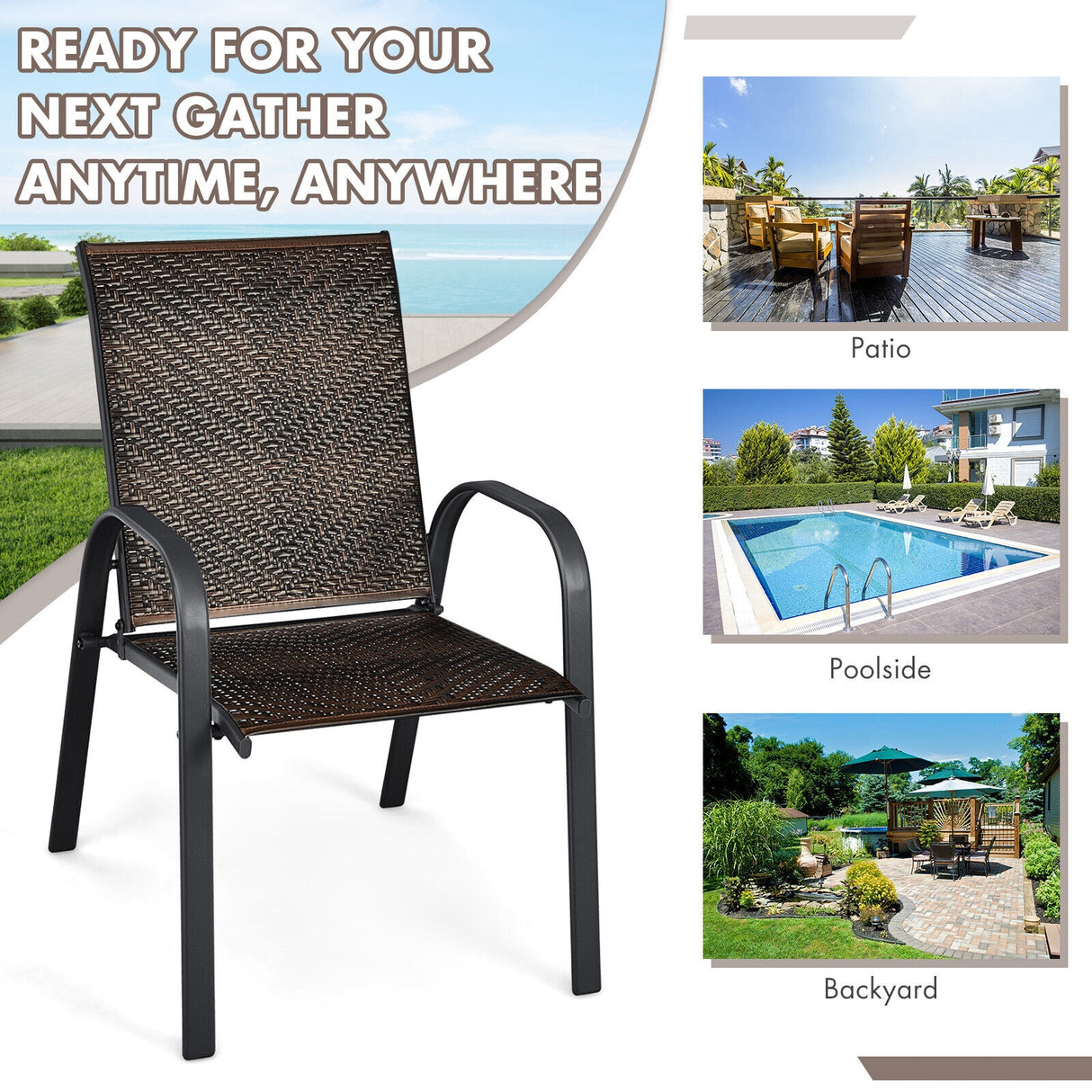 Set of 6 Outdoor PE Wicker Stackable Chairs with Sturdy Steel Frame-Gray