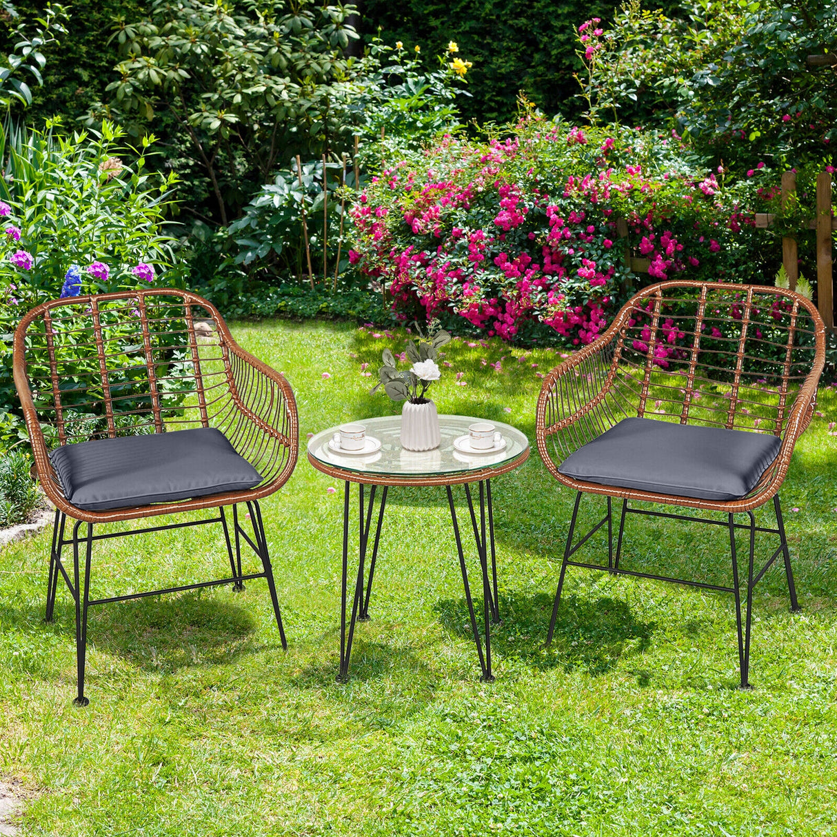 3 Pieces Patio Rattan Bistro Set with Cushion-Navy