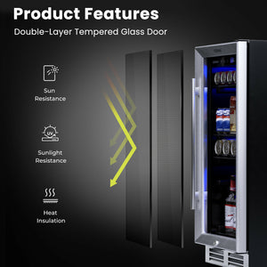 15 Inch 100 Can Built-in Freestanding Beverage Cooler Refrigerator with Adjustable Temperature and Shelf-Silver